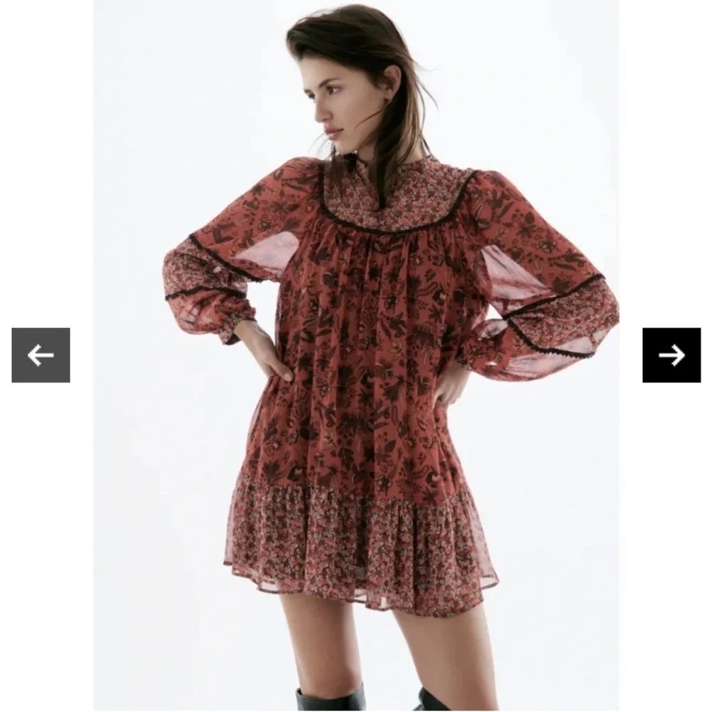 ZARA Floral Print Lace Trim Mini Dress S Boho Cottagecore Ballon Long Sleeve